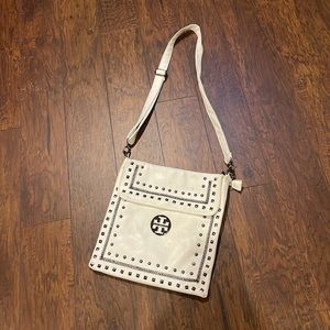 Tory Burch white crossbody bag with pewter stud detailing